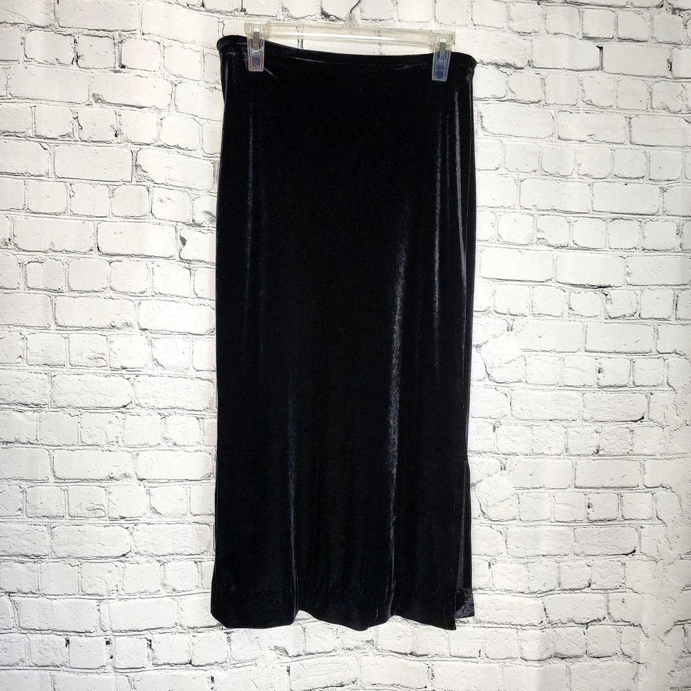 Impressions Lifestyle Black Velvet Midi Skirt Vintage 90s Y2K Side Split Small
